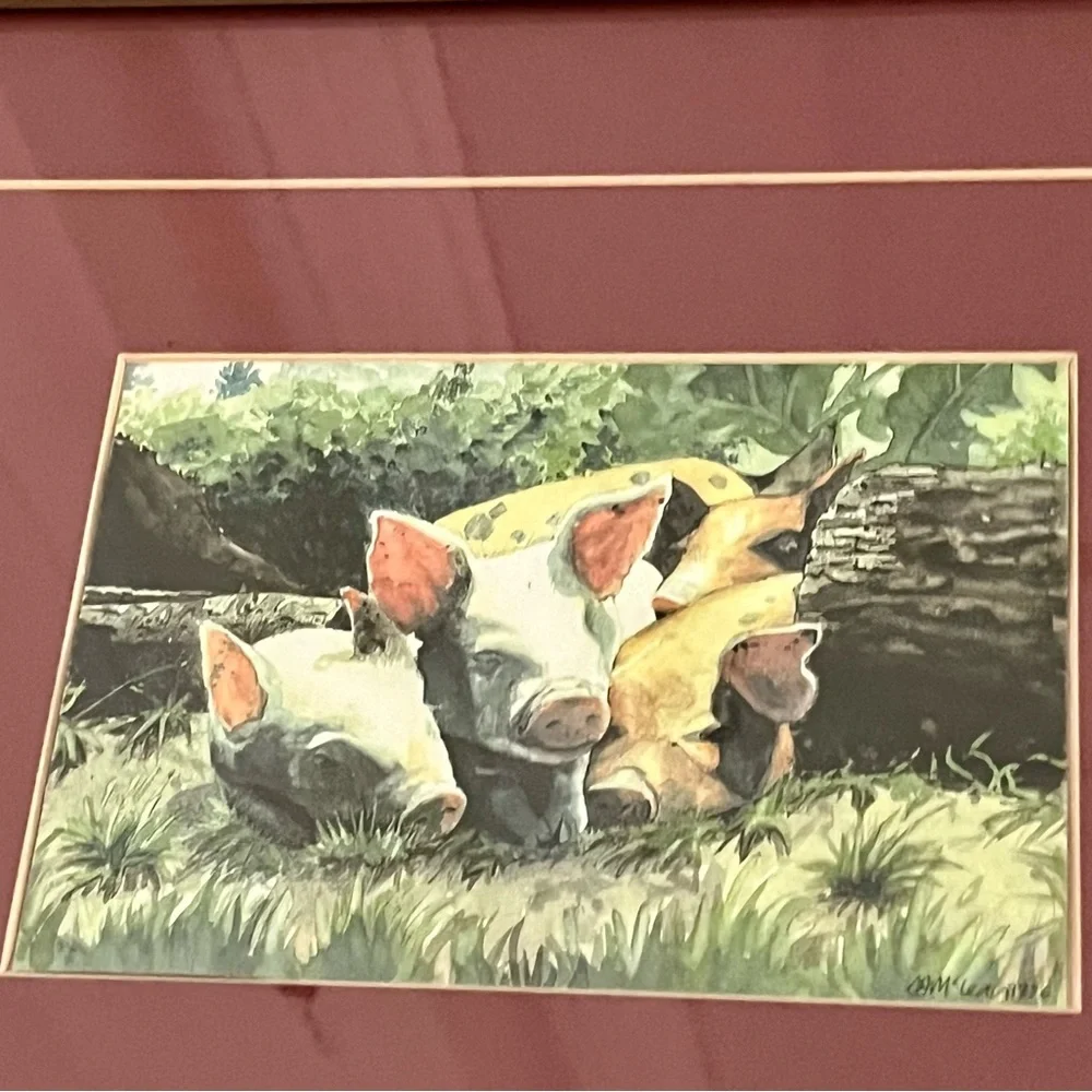 Gold Framed Animal Art Print signed “SMcLean 1996” 12/14 inches